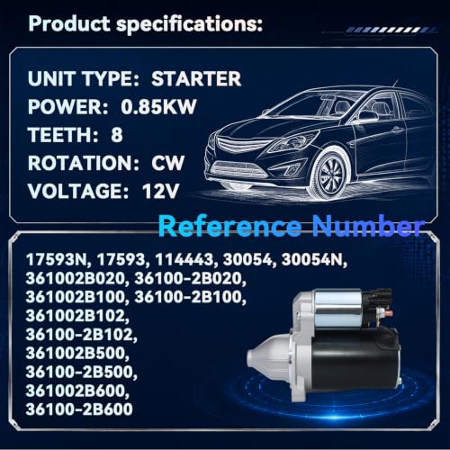 1195239 17593N Starter Motor for 2010-2012 Kia Soul, 2012 Rio & 2012-2013 Hyundai Accent, 2012-2013 Veloster, 1.6L Only, 12V 0.85KW 8 Teeth CW - size: 17593
