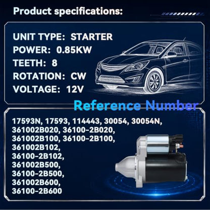 1195239 17593N Starter Motor for 2010-2012 Kia Soul, 2012 Rio & 2012-2013 Hyundai Accent, 2012-2013 Veloster, 1.6L Only, 12V 0.85KW 8 Teeth CW - size: 17593