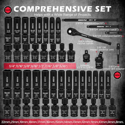 71-Piece 3/8" Drive Master Impact Socket Set, SAE and Metric, 5/16"- 3/4", 8mm - 22mm, Cr-V, Cr-MO, Universal Joint Deep Standard Sockets with Ratchet Handle, Swivel Sockets, Extension Bars, Adapters - style: 3/8"Master (71 PCS）