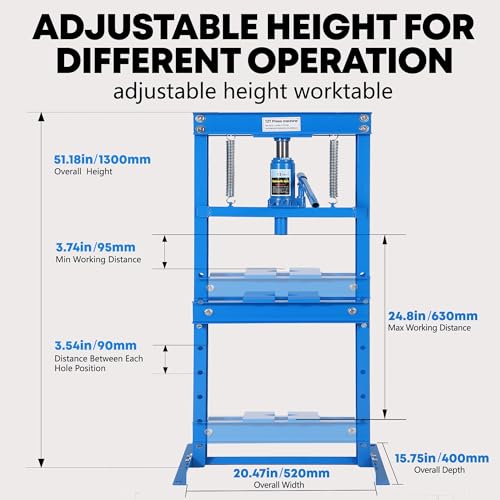 GAOMON Heavy Duty 12 Ton Hydraulic H-Frame Shop Press – Adjustable Table & Stamping Plates – Manual Hydraulic Power for Automotive, Garage, Bearing Removal, Metalworking – 12T, Blue