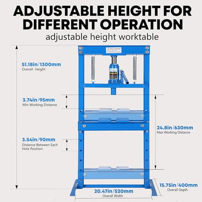 GAOMON Heavy Duty 12 Ton Hydraulic H-Frame Shop Press – Adjustable Table & Stamping Plates – Manual Hydraulic Power for Automotive, Garage, Bearing Removal, Metalworking – 12T, Blue