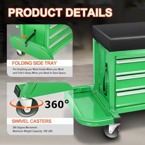 PM PERFORMOTOR 3-Drawer Tool Chest Rolling Mechanic Seat with Tool Trays,350lbs Max Weight Capacity, Green,PM-TOL-RST1-GR - color: Green