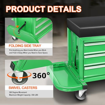 PM PERFORMOTOR 3-Drawer Tool Chest Rolling Mechanic Seat with Tool Trays,350lbs Max Weight Capacity, Green,PM-TOL-RST1-GR - color: Green