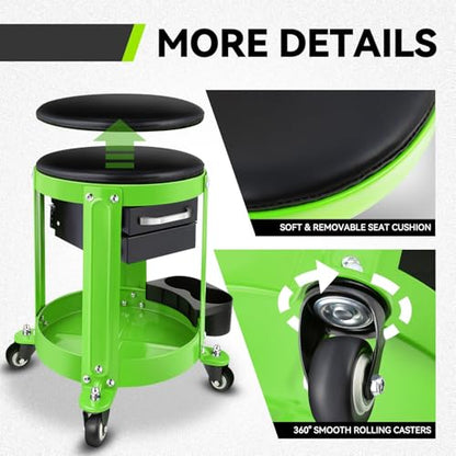 Auto Dynasty Mechanic Stool Chair w/Tool Tray & Rotatable Seat, Green - color: Green