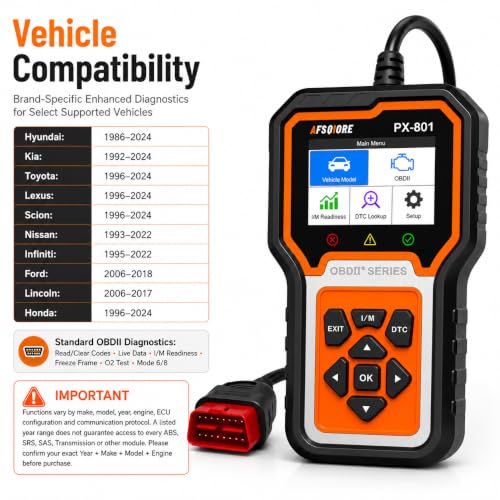 OBD2 Scanner Check Engine Light Car Code Reader Clear Error Codes ABS SRS SAS Etc Full Vehicle System Diagnostics Tool Compatible with Toyota Honda Ford