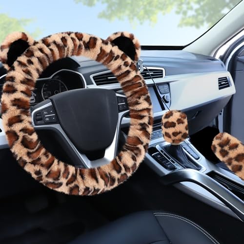 Accmor Fluffy Car Steering Wheel Cover, Leopard Fuzzy Vehicle Wheel Cover for Women Non-Slip Furry Warm Steering Wheel Protector with Cute Ears, Car Accessories 15 inch Universal Fit Auto, Suvs, Truck - color: Light Brown/Dark Brown Leopard & Ears
