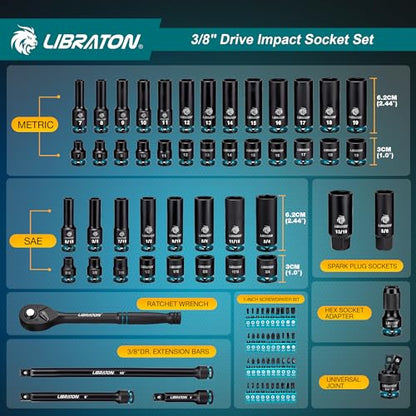 LIBRATON 3/8 Socket Set 90PCS, SAE(5/16-3/4) & Metric(7-19MM) Impact Socket - size: 3/8"