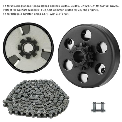Go Kart Clutch 3/4 Bore 10T with #40/41/420 Chain, for Predator 212 Centrifugal Clutch Fit for Minibike MB165 & MB200 and Honda Cloned Engines GC160, GC190, GX120, GX140, GX160, GX200. Up to 2-6.5HP - size: 3/4" Bore 10T with Chain