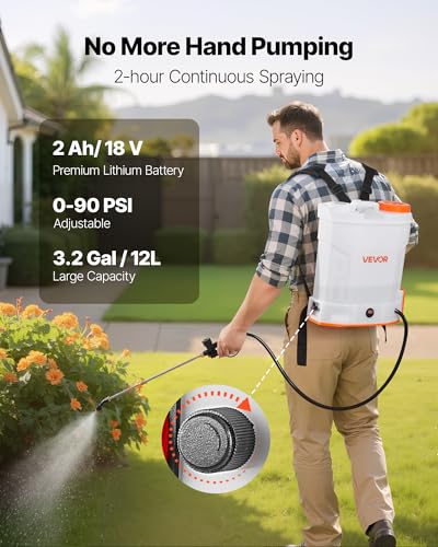 VEVOR Battery Powered Backpack Sprayer 3.2 Gal, Powerful Electric Sprayer, Weed Sprayer for Garden and Lawn, Adjustable 0-90 PSI, 2 Retractable Wands & 5 Nozzles, Yard Sprayer - size: 3.2 Gal