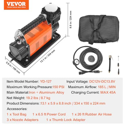 VEVOR 12V Portable Tire Inflator, 7.06CFM Heavy Duty Air Compressor, 150PSI Offroad Air Pump with Adapters for Car SUV RV Truck - Include 6.5FT Power Cord, 26FT Air Hose with Pressure Gauge, Carry Bag - style: 7.06CFM
