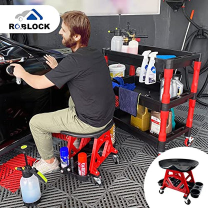 Durable Mechanic Stool Chair with Wheels, Heavy Duty Garage Shop Stool On Wheels, Rolling Stool Car Detailing Creeper Seat with Tool Tray for Workshop, Auto Repair Shop and Home