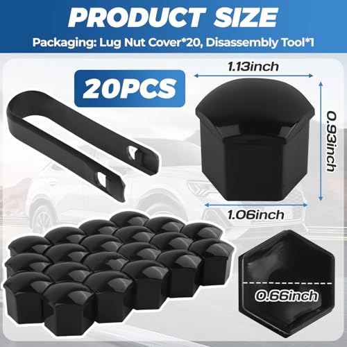 20PCS Lug Nut Covers 17mm Black Hex Lugnut Covers with Removal Tool for Protecting Decorating Wheel Bolts Automotive Exterior Accessories for Most Car Lug Nut Caps (17mm)