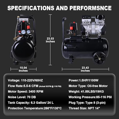 AAIN Ultra Quiet Air Compressor, 6.3 Gallon, Oil-Free, 1.5HP, 6 CFM, 116PSI