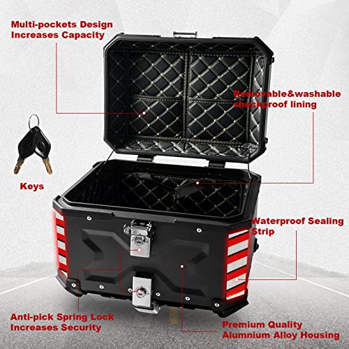 Universal Motorcycle Top Case,65L Motorbike Tail Box Trunk Tour Storage Carrier Case with Backrest, Security Lock and Handle for Helmet Luggage,Black - color: Black, size: 65L