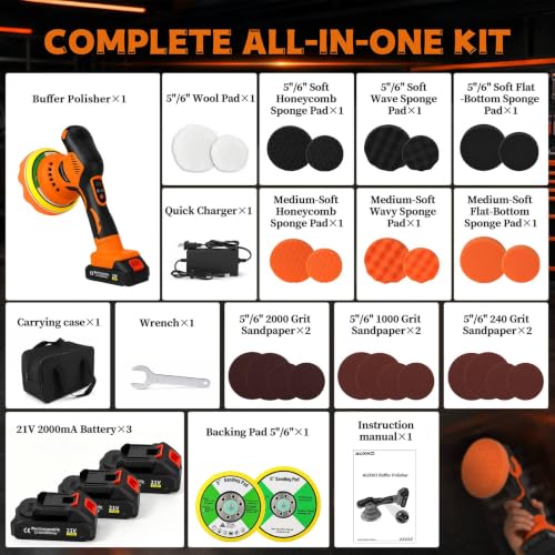 AUXKO DA Car Polisher Kit, Cordless Buffer with 3x21V 2000mAh Batteries