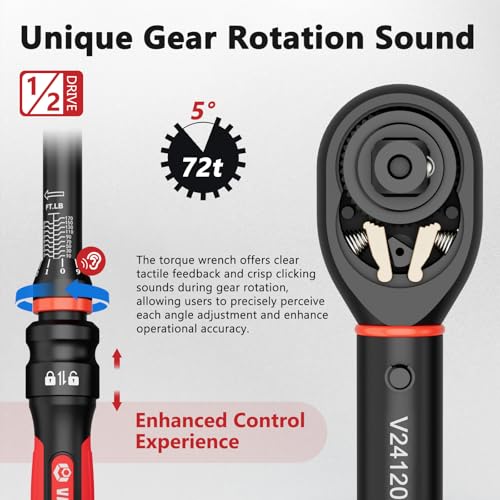VANPO Torque Wrench 1/2-Inch Drive, 10-170.0ft.lb/13.60-230.5Nm,72 Tooth, TRP+ABS Plastic Handle, Click Torque Wrench with 1/2" to 3/8" Adapter & 125mm Extension Bar for Moto, Automotive Maintenance