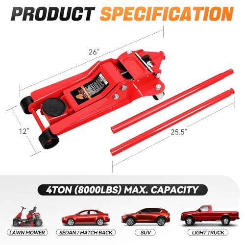 Auto Dynasty 4Ton Low Profile Floor Jack, Heavy Duty w/Dual Pistons, Red - color: Red, size: 4T Dual Pump