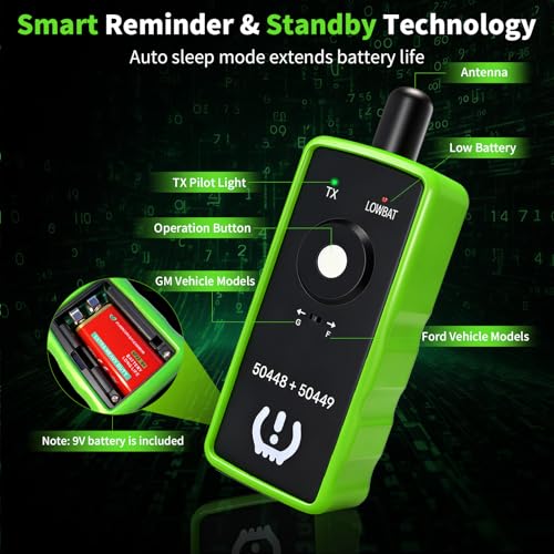 2IN1 TPMS Relearn Tool w/Battery for GM and Ford, FIRSTOOL EL50448+EL50449 TPMS Reset Tool with Model Switch Button Tire Sensor Programmer TPMS Sensor Tool,Tire Sensor Reset Tool for Lincoln GMC Buick - size: With Battery