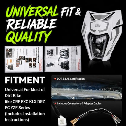 DOT Dirt Bike LED Headlight with Graphics Sticker and Turn Signals-White - color: White with Sticker, size: With Turn Signals