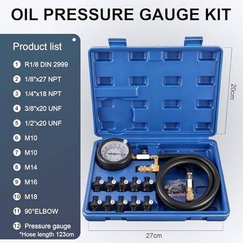 Oil Pressure Tester Kit, 0–140 PSI Engine Oil Pressure Gauge with Hose & Brass Adapters, Automotive Diagnostic Tool for Cars, Motorcycles, Small Diesel Engines, with Storage Case (Blue)