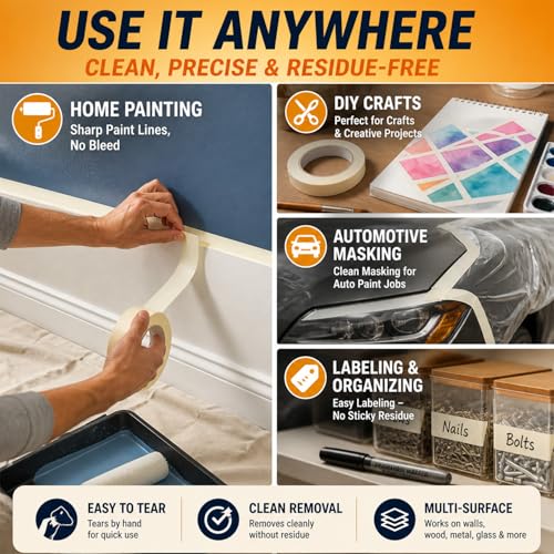 SWRT Masking Tape 1 Inch Wide x 55 Yds, 12 Rolls, White Painters Tape - size: 1 inch x 55 Yards