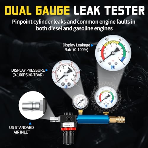 Kuntech 46PCS Compression & Leak Down Tester Kit Dual-Gauge for Petrol/Diesel Engines, Cylinder Leak Detector with Quick-Connect Hose, Compression Tester Kit for HDI, TDCi, Pumpe Duse Engine