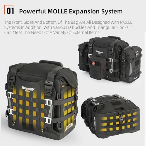 Rhinowalk Motorcycle Saddlebags Waterproof Tail Bag Luggage Bags Quick Release Side Bags 35L~45L Expandable with Molle System, Reflective Safety, Black (1pc) - color: Black-35L