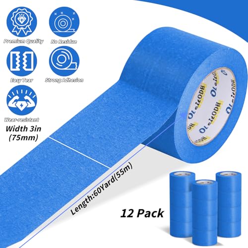 12 Rolls Blue Painters Tape Bulk 3 inch x 60 Yards, Total 720 Yd, Painters Masking Tape No Residue Wall Painting Tape Artist Tape Trim Edge Finishing Tape for Wall Painting Decoration DIY Supplies - color: Blue-12P, size: 3" x60 Yards