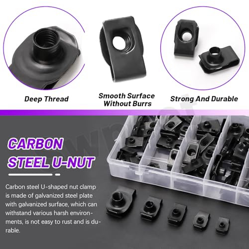 Swpeet 50Pcs M4 M5 M6 M8 M10 Carbon Steel Auto Car U-Clip Assortment Kit, U-Shaped Nut U Nut, Metal Trim Panel Spring Clip Fasteners for Dash Door Panel Interior Compatible with Most Auto (Black) - size: N4