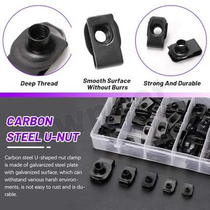 Swpeet 50Pcs M4 M5 M6 M8 M10 Carbon Steel Auto Car U-Clip Assortment Kit, U-Shaped Nut U Nut, Metal Trim Panel Spring Clip Fasteners for Dash Door Panel Interior Compatible with Most Auto (Black) - size: N4