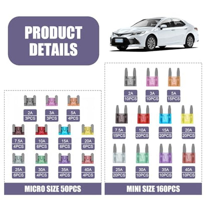 300PCS Car Fuses Assortment Kit, Micro & Mini & Standard Blade Fuse Kit, Universal Replacement Blade Fuses for Auto, Sedan, Boat, RV (2A/3A/5A/7.5A/10A/15A/20A/25A/30A/35A/40A) - size: 300PCS