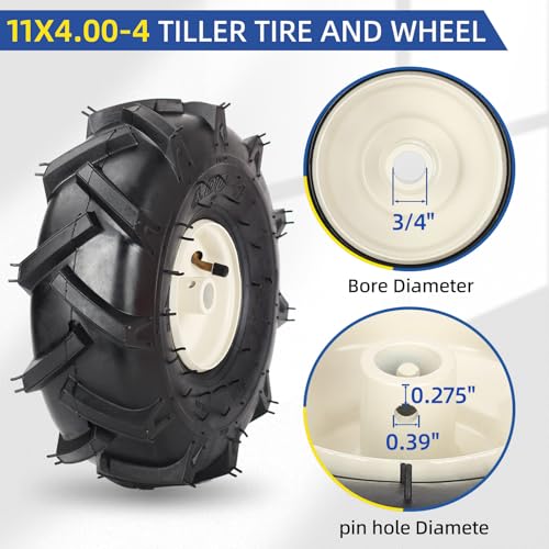 GICOOL 11x4.00-4 Tiller Tire & Wheel 3/4" Axle, 2PK for Craftsman Troy-Bilt - size: 11x4.00-4, 3/4" Axle Bore