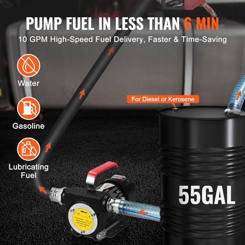 VEVOR Fuel Transfer Pump, 12V DC 10 GPM 1/4 HP, Portable Electric Diesel Transfer Pump with Automatic Shut-Off Fuel Nozzle, High Flow, Long Inlet & Outlet Hose for Diesel, Kerosene, Transformer Fuel - size: 12V 10GPM with Carry Case