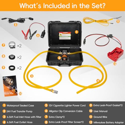 24V 120GPH Fuel Transfer Pump Set with Upgraded Carrying Case & Battery Adapter, Compatible with Milwaukee M18 Battery, for Vehicles, Boats(120GPH 24V, Pump with Red Adapter) - color: 120GPH 24V, size: Carrying Case Set with Red Adapter