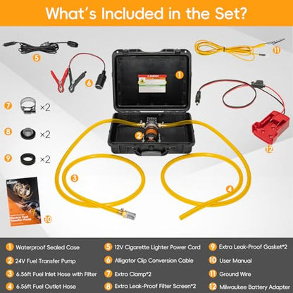 24V 120GPH Fuel Transfer Pump Set with Upgraded Carrying Case & Battery Adapter, Compatible with Milwaukee M18 Battery, for Vehicles, Boats(120GPH 24V, Pump with Red Adapter) - color: 120GPH 24V, size: Carrying Case Set with Red Adapter