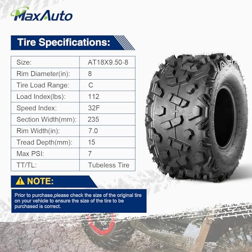 MaxAuto AT18x9.50-8 ATV Tires 18x9.5-8 Lawn tractor Tires 18x9.5x8 Zero Turn Mower Tire,6Ply Tubeless,2 Pack - size: 18x9.5-8