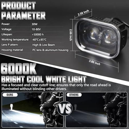 4 Inch Universal LED Motorcycle Headlight, Square Running Lights with DRL Halo Hi/Low Beam Driving Light Work Lights for Motorcycle, ATV and E-Bike (1 Pcs)