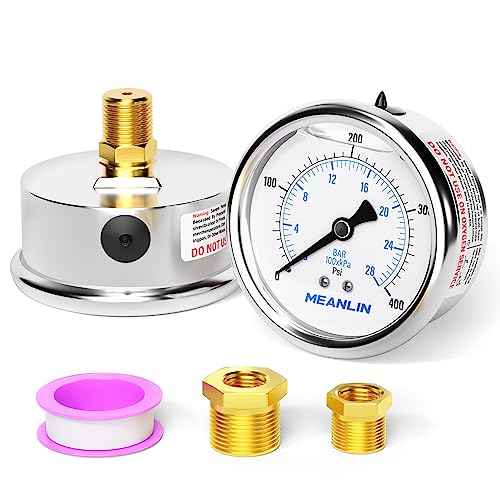 MEANLIN MEASURE 0~400Psi Stainless Steel 1/4" NPT 2.5" FACE DIAL Liquid Filled Pressure Gauge WOG Water Oil Air Center Back Mount, with 1/2" NPT and 3/8" NPT Hex Bushing - size: 0-400Psi