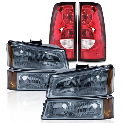 G-PLUS Headlights Assembly & Tail Lights Fit Chevy Silverado 1500 1500 HD 2500 2500 HD 2003-2006, Smoky Lens Chrome Housing Amber Reflector Headlamps Assembly Red Taillights - color: Smoky Lens Chrome Housing Amber Reflector & Red, size: Basic
