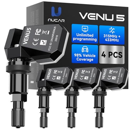 MUCAR VENU5 TPMS Sensor Set of 4, Activation Relearn by Universal TPMS Tool,Tire Pressure Sensor 2-in-1 (315MHz + 433MHz) OE Programmed by T261/VENU iPro for 98% Vehicle Model