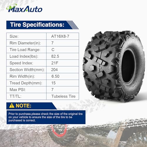 MaxAuto 16x8-7 ATV Tires 16x8.00-7 Go-Kart Tires AT16x8-7 Mini Bike Tire 16x8x7 UTV Off-Road Tire,6Ply Tubeless,2 Pack - size: 16x8-7