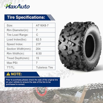 MaxAuto 16x8-7 ATV Tires 16x8.00-7 Go-Kart Tires AT16x8-7 Mini Bike Tire 16x8x7 UTV Off-Road Tire,6Ply Tubeless,2 Pack - size: 16x8-7