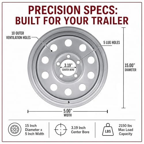 eCustomrim Trailer Wheel 15X5 15 Inch 5 Lug On 4.5 Silver Modular Rim