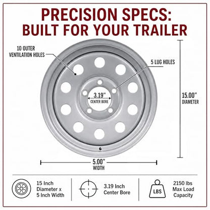 eCustomrim Trailer Wheel 15X5 15 Inch 5 Lug On 4.5 Silver Modular Rim