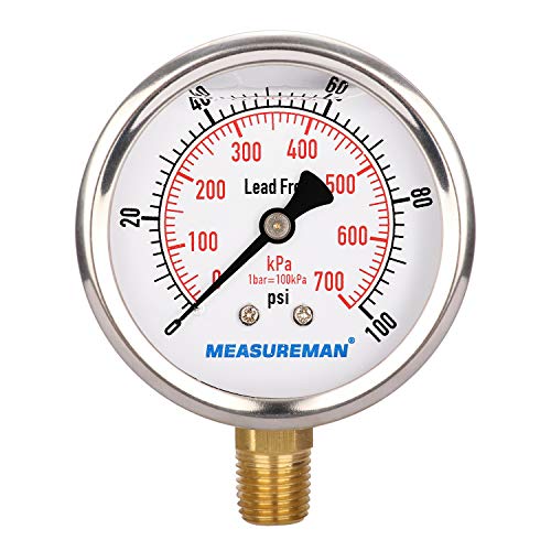 MEASUREMAN Lead-Free Pressure Gauge, 2-1/2inch Dial, Glycerin Filled, 0-100psi/kpa, Stainless Steel Case, 1/4inchNPT Lower Mount - size: 0-100 psi, style: Lower Mount(Lead-Free)