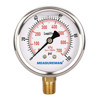 MEASUREMAN Lead-Free Pressure Gauge, 2-1/2inch Dial, Glycerin Filled, 0-100psi/kpa, Stainless Steel Case, 1/4inchNPT Lower Mount - size: 0-100 psi, style: Lower Mount(Lead-Free)