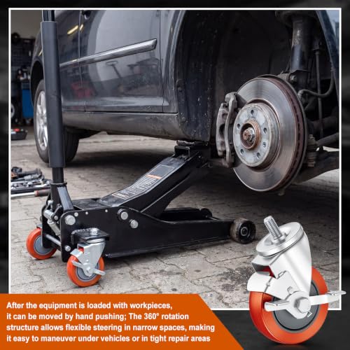 Hicarer Set of 4 Transmission Jacks Casters, 1/2inch-13 Red Poly Rotating Threaded Rod Casters Set, 2 Locking and 2 Non Locking, Transmission Jack Replacement Parts, 360° Swivel Wheel
