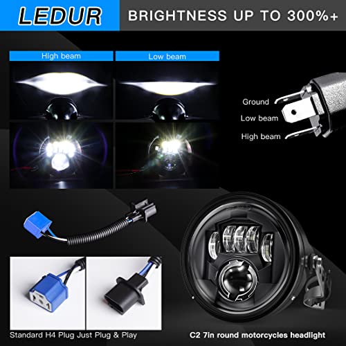 LEDUR 7 Inch LED Motorcycle Headlight with Housing Bucket, DOT Approved Round Hi/Lo Beam Headlamp, Fork Mount Brackets for 34-41mm Forks, Fit Cafe Racer Chopper Bobber Scrambler Street Tracker Bikes - size: C2 7In HI/LOW Motorcycle Headlight