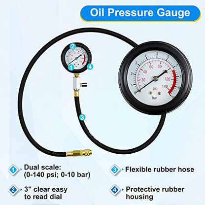 JoyFans Oil Pressure Tester Tool, 0-140PSI Oil Pressure Gauge Kit for Fuel System Mechanical Sensor Engine Cylinder Compression Test with Hose Adapters for Cars ATVs Trucks Use Red Case - color: Red Suitcase