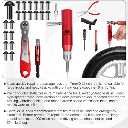 Richcat Tubeless Tire Puncture Repair Kit with Mushroom Plug, Repairs punctures and Flat Tires for Motorcycles, Cars, Trucks, ATVs and Tractors